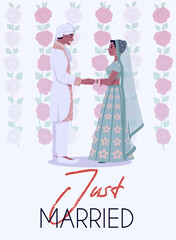 Fototapeta na wymiar Indian wedding couple standing together hold hands, Just married romantic vector card with bride and groom, flowers