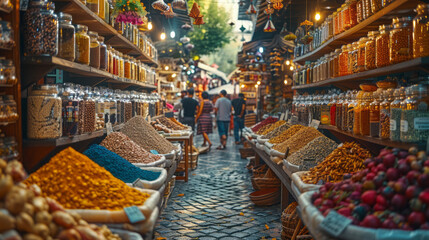 Asian market, vendors selling spices and fruits - obrazy, fototapety, plakaty