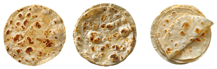 set of three flat bread tortillas clipart on transparent background seen from above 