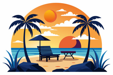 Fototapeta na wymiar beach-point-seating-area-with-sunset-silhouette-vector.
