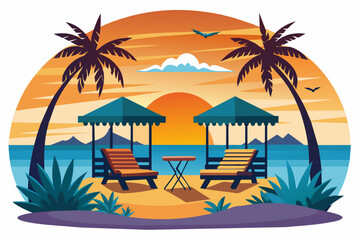 beach-point-seating-area-with-sunset-silhouette-vector.