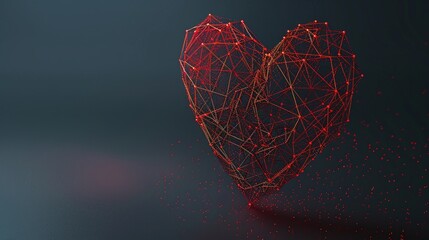 creative and abstract geometric heart with red wireframe on dark gray background