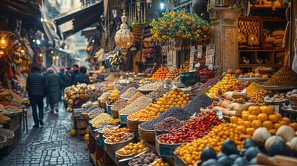 Asian market, vendors selling spices and fruits - obrazy, fototapety, plakaty