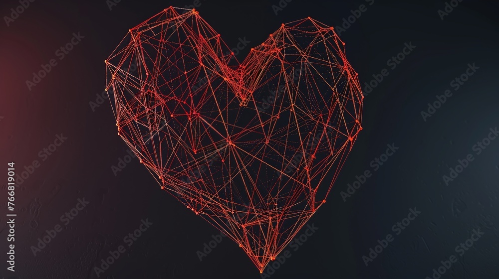 Poster modern abstract geometric heart with red wireframe on dark gray background