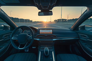 View from inside a car driving alone on the road. Autonomous vehicle. Self-driving