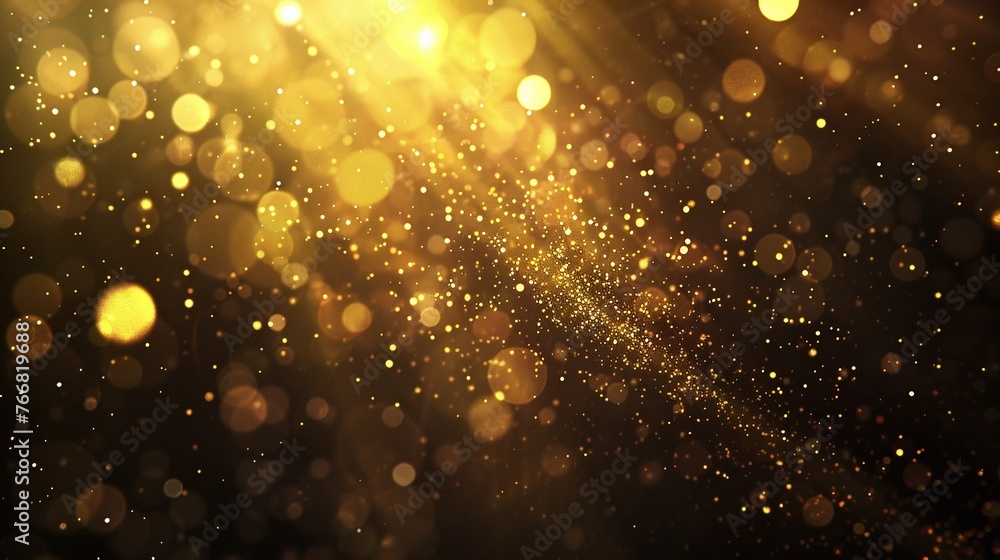 Poster golden bokeh light flare and defocused lens gleam on dark black abstract background with color fleck
