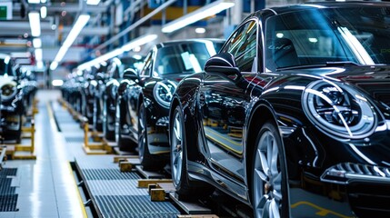modern cars in busy automotive factory on mass production assembly line with industrial robots and automation