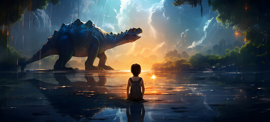boy playing with dinosaurs in the wilderness, ai generative