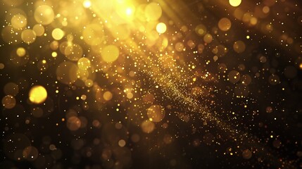 golden bokeh light flare and defocused lens gleam on dark black abstract background with color flecks and overlay