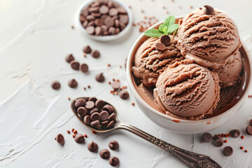 Fototapeta na wymiar Scoops of Chocolate Ice Cream with Chocolate Drops. Luscious chocolate ice cream in a bowl garnished with fresh mint and scattered chocolate drops.