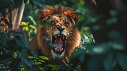 Fototapeta premium powerful aggressive male lion roaring closeup behind leafs in the forest showcasing the strength and majesty of the wild predator