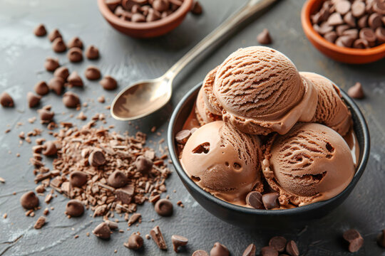 Scoops of chocolate ice cream served in a textured bowl, accompanied by chocolate pieces and a vintage spoon on a dark backdrop.	