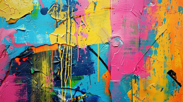 abstract wall surface with messy paint strokes smudges and colorful drips flows streaks on old painted wall with part of graffiti and paint sprays - Powered by Adobe