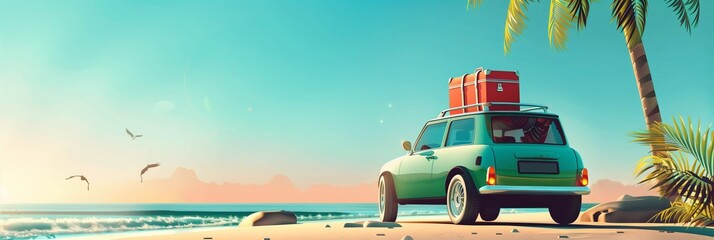 A green car with luggage is ready for a summer vacation against the backdrop of a tropical beach. banner