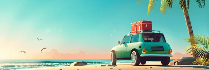 Papier Peint photo Lavable Corail vert A green car with luggage is ready for a summer vacation against the backdrop of a tropical beach. banner