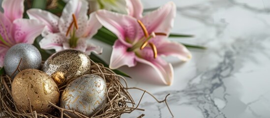 The design concept features golden and silver Easter eggs nestled in a nest alongside a pink lily flower on a bright white marble table background.