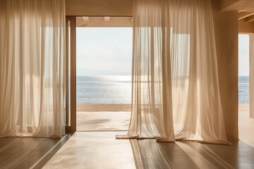 
An empty room in a luxury summer beach house in beige and pink tones with a view of the desert behind the curtains. Interior design in desert architecture using neutral colored material. Minimal natu