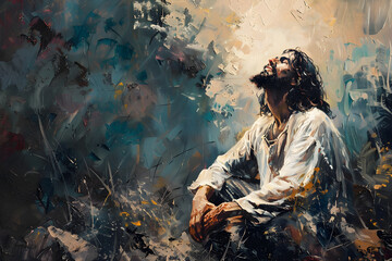 An oil painting of Jesus Christ praying in the Garden of Gethsemane, representing a sacred and serene moment in religious history.