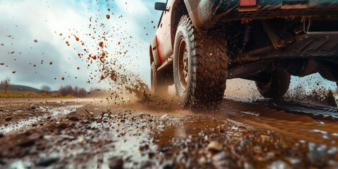 Extreme off-road vehicle driving on muddy roads