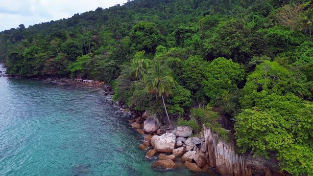 paradise island dream beach jungle bay. Nice aerial top view flight overflight flyover drone
4k