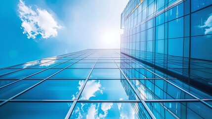 glass facades of a modern office building under a blue sky viewed from bottom highlighting economy finance and business activity in contemporary design