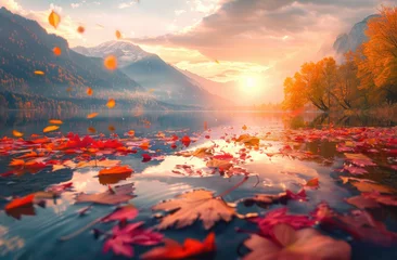  A picturesque autumn scene with vibrant leaves floating on the surface of an idyllic lake, surrounded by mountains and trees in full bloom © Kien