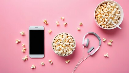 top view of smart phone, ear phone and popcorn on pink
