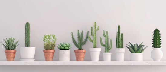 Assorted cacti and succulents in pots displayed on shelf against white background.