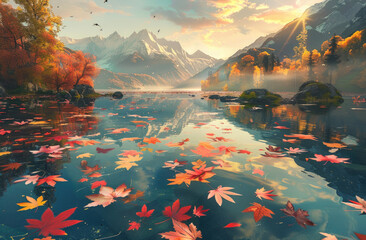 A picturesque autumn scene with vibrant leaves floating on the surface of an idyllic lake, surrounded by mountains and trees in full bloom - obrazy, fototapety, plakaty