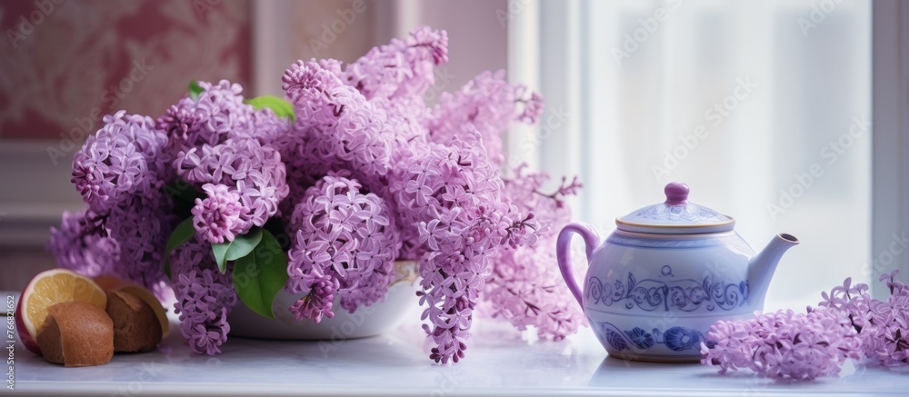 Poster a purple flower vase and teapot are displayed on a window sill. the tableware and drinkware add a po