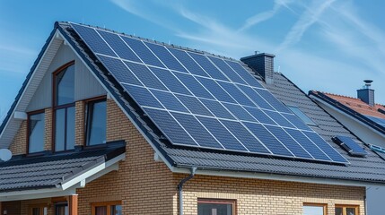 eco friendly suburban house with new photovoltaic system on the roof modern passive home with solar panels