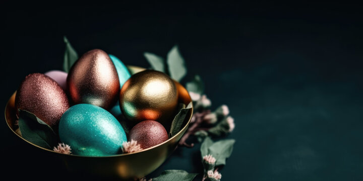 Colorful Easter Eggs in Golden Bowl on dark background with copy space. Easter composition,  still life. Happy Easter concept