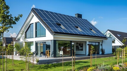 new photovoltaic system on the gable roof of suburban house modern passive home with eco friendly solar panels