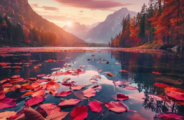 Foto op Aluminium A picturesque autumn scene with vibrant leaves floating on the surface of an idyllic lake, surrounded by mountains and trees in full bloom © Kien