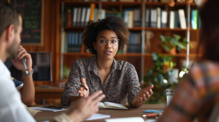 Collaborative team discussion led by inspiring businesswoman