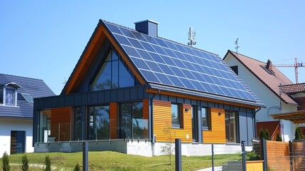 Obraz premium modern eco friendly passive house with new photovoltaic system on the gable roof and solar panels for energy efficiency