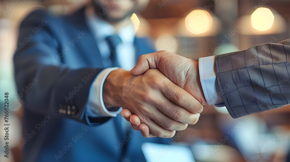 Wall mural Portrait of cheerful young manager handshake with new employee. Business partnership meeting in office. Close up of handshake in the office. Mature businessman shake hands with a younger Ai  Generated