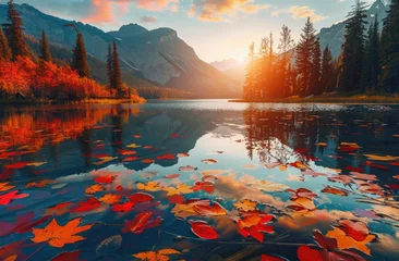 A picturesque autumn scene with vibrant red, orange and yellow leaves floating on the surface of an tranquil lake surrounded by tall mountains under a sunset sky © Kien