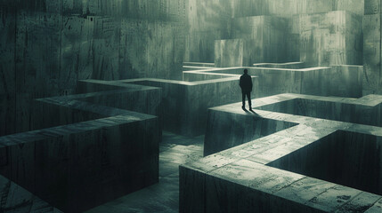 A solitary figure seeks escape within the confines of a colossal concrete maze.