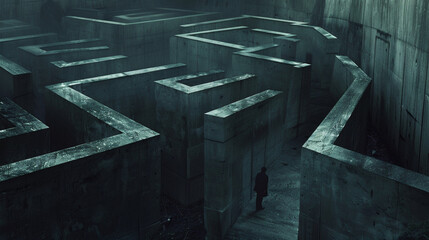 A lone figure dwarfed by towering concrete walls, forever searching in a labyrinth of his own making.