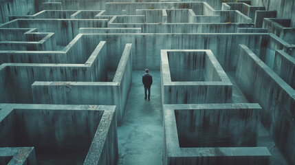 Lost in a conceptual landscape, a man navigates the endless corridors of a monumental maze. 