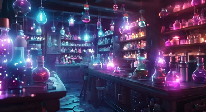 Wizards brewing magical potions in a neon-lit apothecary