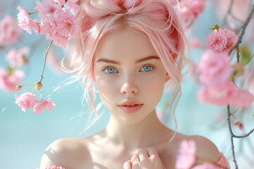 Beautiful woman in blossom garden - obrazy, fototapety, plakaty