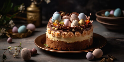 Obraz na płótnie Canvas Easter Cake with Chocolate Eggs and spring flowers on a plate on a dark background