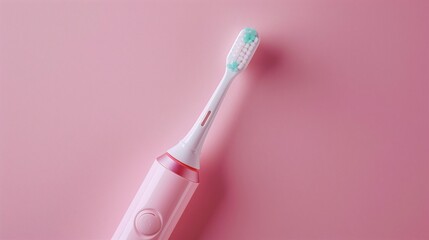 pink electric toothbrush on pink background, closeup shot of essential dental hygiene equipment for health and wellness