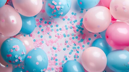 festive gender reveal party or baby shower backdrop with pink and blue balloons and confetti background, offering copy space for cheerful announcement festivities