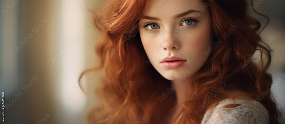 Canvas Prints a woman with layered red hair and green eyes gazes into the camera, showcasing her long eyelashes an