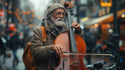 Beggarly old men play musical instruments on the street to earn money for food.  
