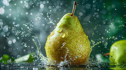 Fresh ripe pear with water splashes on vibrant background