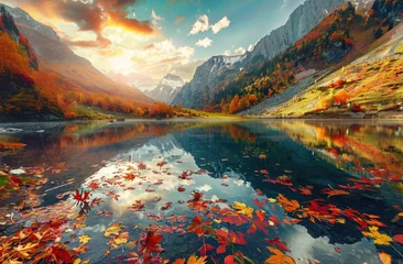  A picturesque autumn scene with vibrant red, orange and yellow leaves floating on the surface of an tranquil lake surrounded by tall mountains under a sunset sky © Kien